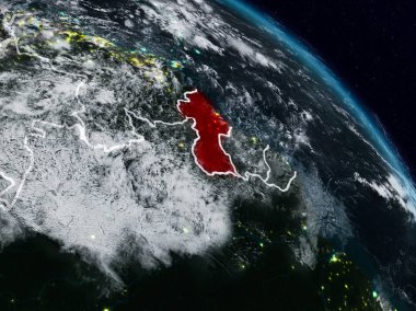 Guyana görünür ülke sınırları ile gece uzaydan. 3D çizim. Nasa tarafından döşenmiş bu görüntü unsurları.