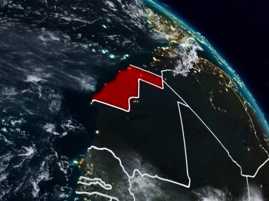 Batı Sahra görünür ülke sınırları ile gece uzaydan. 3D çizim. Nasa tarafından döşenmiş bu görüntü unsurları.