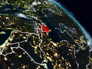 Azerbaycan görünür ülke sınırları ile gece uzaydan. 3D çizim. Nasa tarafından döşenmiş bu görüntü unsurları.