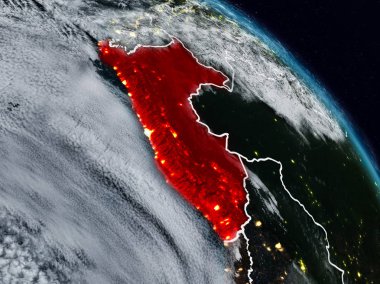 Peru görünür ülke sınırları ile gece uzaydan. 3D çizim. Nasa tarafından döşenmiş bu görüntü unsurları.