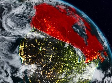 Kanada görünür ülke sınırları ile gece uzaydan. 3D çizim. Nasa tarafından döşenmiş bu görüntü unsurları.
