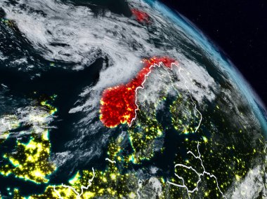 Norveç görünür ülke sınırları ile gece uzaydan. 3D çizim. Nasa tarafından döşenmiş bu görüntü unsurları.