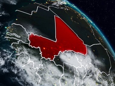 Mali görünür ülke sınırları ile gece uzaydan. 3D çizim. Nasa tarafından döşenmiş bu görüntü unsurları.