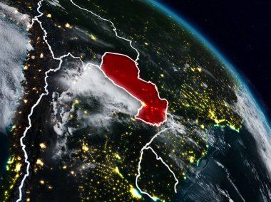 Paraguay görünür ülke sınırları ile gece uzaydan. 3D çizim. Nasa tarafından döşenmiş bu görüntü unsurları.