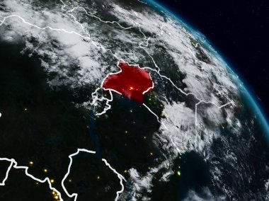 Uganda görünür ülke sınırları ile gece uzaydan. 3D çizim. Nasa tarafından döşenmiş bu görüntü unsurları.