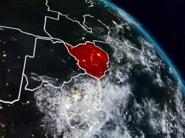 Zimbabve görünür ülke sınırları ile gece uzaydan. 3D çizim. Nasa tarafından döşenmiş bu görüntü unsurları.
