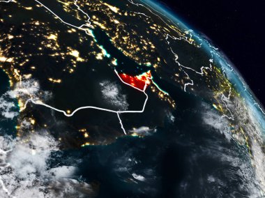 Birleşik Arap Emirlikleri görünür ülke sınırları ile gece uzaydan. 3D çizim. Nasa tarafından döşenmiş bu görüntü unsurları.