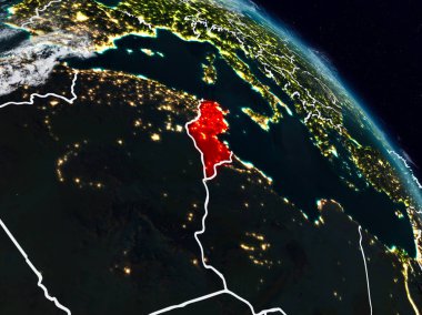 Tunus görünür ülke sınırları ile gece uzaydan. 3D çizim. Nasa tarafından döşenmiş bu görüntü unsurları.