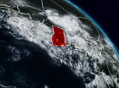Gana görünür ülke sınırları ile gece uzaydan. 3D çizim. Nasa tarafından döşenmiş bu görüntü unsurları.