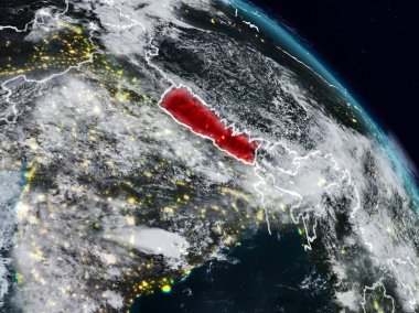 Nepal görünür ülke sınırları ile gece uzaydan. 3D çizim. Nasa tarafından döşenmiş bu görüntü unsurları.