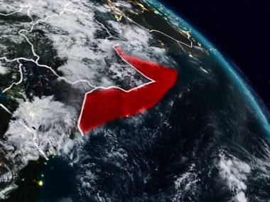 Somali görünür ülke sınırları ile gece uzaydan. 3D çizim. Nasa tarafından döşenmiş bu görüntü unsurları.