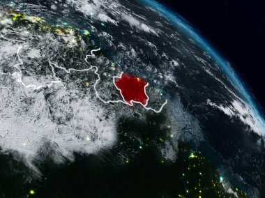 Surinam görünür ülke sınırları ile gece uzaydan. 3D çizim. Nasa tarafından döşenmiş bu görüntü unsurları.