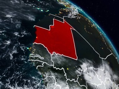 Moritanya görünür ülke sınırları ile gece uzaydan. 3D çizim. Nasa tarafından döşenmiş bu görüntü unsurları.