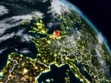 Hollanda görünür ülke sınırları ile gece uzaydan. 3D çizim. Nasa tarafından döşenmiş bu görüntü unsurları.