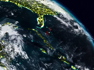 Bahamalar görünür ülke sınırları ile gece uzaydan. 3D çizim. Nasa tarafından döşenmiş bu görüntü unsurları.