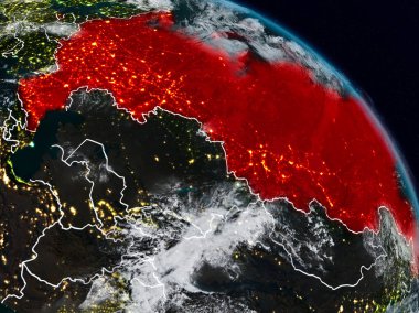 Rusya görünür ülke sınırları ile gece uzaydan. 3D çizim. Nasa tarafından döşenmiş bu görüntü unsurları.