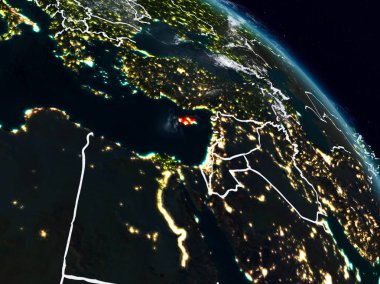 Kıbrıs gece görünür ülke sınırları ile uzaydan. 3D çizim. Nasa tarafından döşenmiş bu görüntü unsurları.