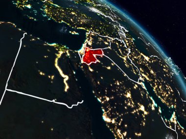 Jordan görünür ülke sınırları ile gece uzaydan. 3D çizim. Nasa tarafından döşenmiş bu görüntü unsurları.