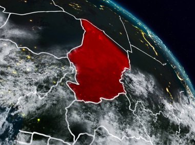 Chad görünür ülke sınırları ile gece uzaydan. 3D çizim. Nasa tarafından döşenmiş bu görüntü unsurları.