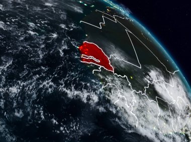 Senegal görünür ülke sınırları ile gece uzaydan. 3D çizim. Nasa tarafından döşenmiş bu görüntü unsurları.