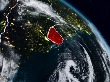 Uruguay görünür ülke sınırları ile gece uzaydan. 3D çizim. Nasa tarafından döşenmiş bu görüntü unsurları.