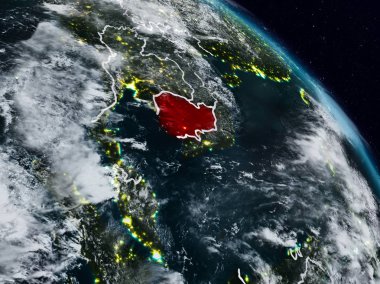 Kamboçya'dan gece görünür ülke sınırları ile alanı. 3D çizim. Nasa tarafından döşenmiş bu görüntü unsurları.