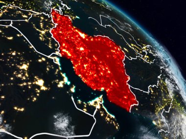İran'dan alan görünür ülke sınırları ile gece. 3D çizim. Nasa tarafından döşenmiş bu görüntü unsurları.
