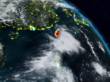 Tayvan görünür ülke sınırları ile gece uzaydan. 3D çizim. Nasa tarafından döşenmiş bu görüntü unsurları.