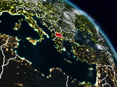 Makedonya görünür ülke sınırları ile gece uzaydan. 3D çizim. Nasa tarafından döşenmiş bu görüntü unsurları.