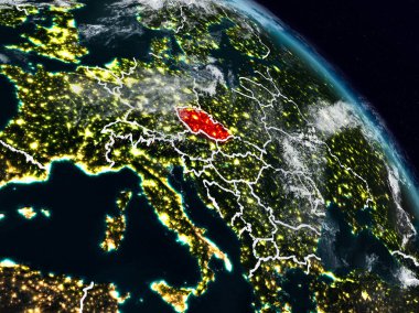 Çek Cumhuriyeti görünür ülke sınırları ile gece uzaydan. 3D çizim. Nasa tarafından döşenmiş bu görüntü unsurları.