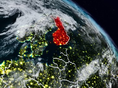 Finlandiya görünür ülke sınırları ile gece uzaydan. 3D çizim. Nasa tarafından döşenmiş bu görüntü unsurları.