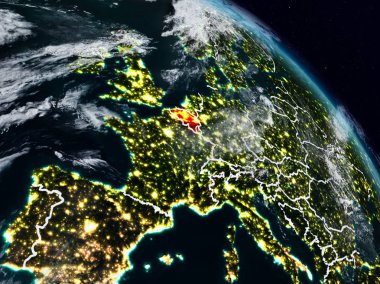 Belçika görünür ülke sınırları ile gece uzaydan. 3D çizim. Nasa tarafından döşenmiş bu görüntü unsurları.