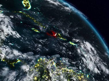 Haiti görünür ülke sınırları ile gece uzaydan. 3D çizim. Nasa tarafından döşenmiş bu görüntü unsurları.