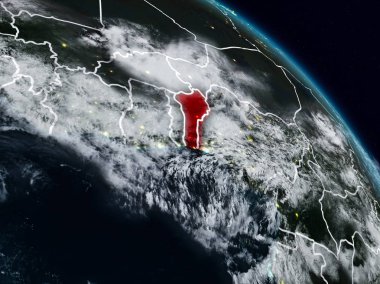 Benin görünür ülke sınırları ile gece uzaydan. 3D çizim. Nasa tarafından döşenmiş bu görüntü unsurları.