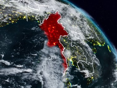 Myanmar görünür ülke sınırları ile gece uzaydan. 3D çizim. Nasa tarafından döşenmiş bu görüntü unsurları.