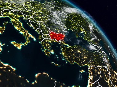 Bulgaristan görünür ülke sınırları ile gece uzaydan. 3D çizim. Nasa tarafından döşenmiş bu görüntü unsurları.