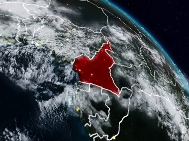 Kamerun görünür ülke sınırları ile gece uzaydan. 3D çizim. Nasa tarafından döşenmiş bu görüntü unsurları.