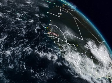 Gambiya görünür ülke sınırları ile gece uzaydan. 3D çizim. Nasa tarafından döşenmiş bu görüntü unsurları.