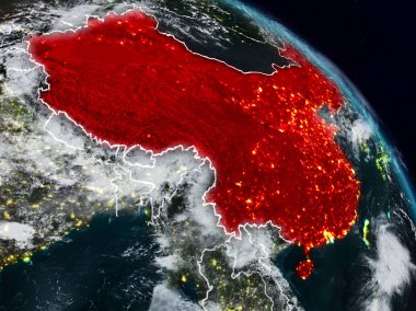 Çin'den alan görünür ülke sınırları ile gece. 3D çizim. Nasa tarafından döşenmiş bu görüntü unsurları.
