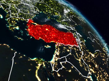 Türkiye uzaydan görünür ülke sınırları ile gece. 3D çizim. Nasa tarafından döşenmiş bu görüntü unsurları.