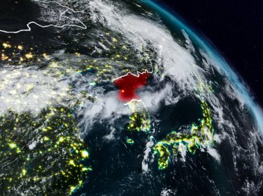 Kuzey Kore görünür ülke sınırları ile gece uzaydan. 3D çizim. Nasa tarafından döşenmiş bu görüntü unsurları.