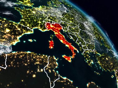 İtalya görünür ülke sınırları ile gece uzaydan. 3D çizim. Nasa tarafından döşenmiş bu görüntü unsurları.
