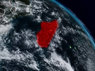 Madagaskar görünür ülke sınırları ile gece uzaydan. 3D çizim. Nasa tarafından döşenmiş bu görüntü unsurları.