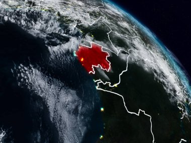 Gabon görünür ülke sınırları ile gece uzaydan. 3D çizim. Nasa tarafından döşenmiş bu görüntü unsurları.