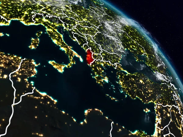 Arnavutluk görünür ülke sınırları ile gece uzaydan. 3D çizim. Nasa tarafından döşenmiş bu görüntü unsurları.