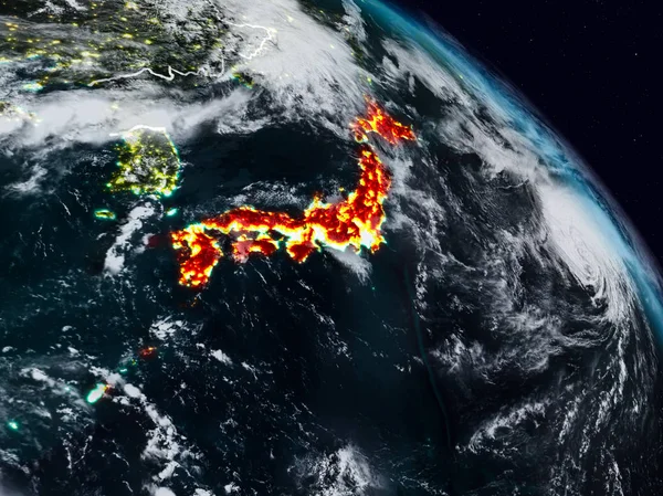 Japón Desde Espacio Por Noche Con Fronteras País Visibles Ilustración — Foto de Stock