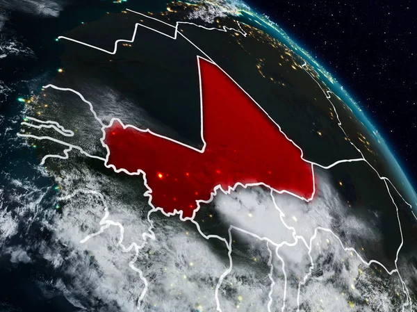 Mali görünür ülke sınırları ile gece uzaydan. 3D çizim. Nasa tarafından döşenmiş bu görüntü unsurları.