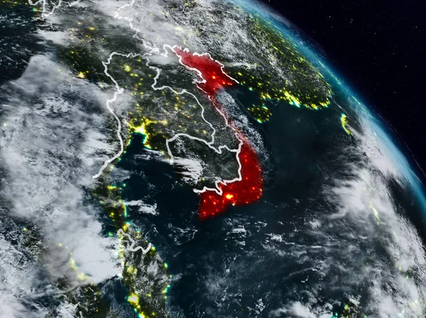 Vietnam görünür ülke sınırları ile gece uzaydan. 3D çizim. Nasa tarafından döşenmiş bu görüntü unsurları.