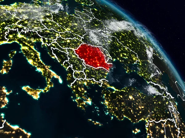 Romanya görünür ülke sınırları ile gece uzaydan. 3D çizim. Nasa tarafından döşenmiş bu görüntü unsurları.