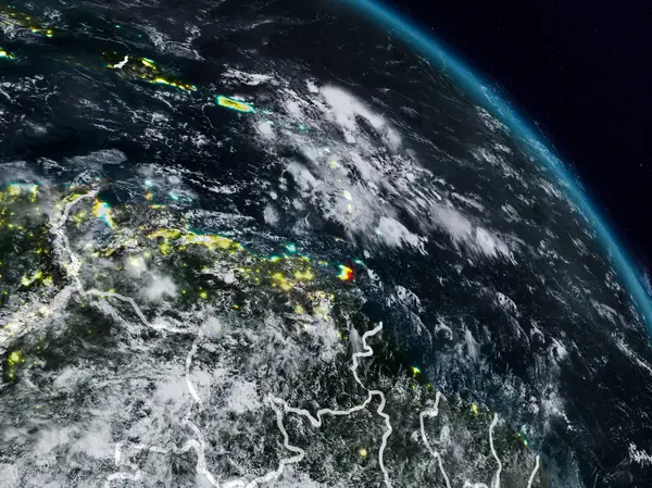 Karayipler görünür ülke sınırları ile gece uzaydan. 3D çizim. Nasa tarafından döşenmiş bu görüntü unsurları.